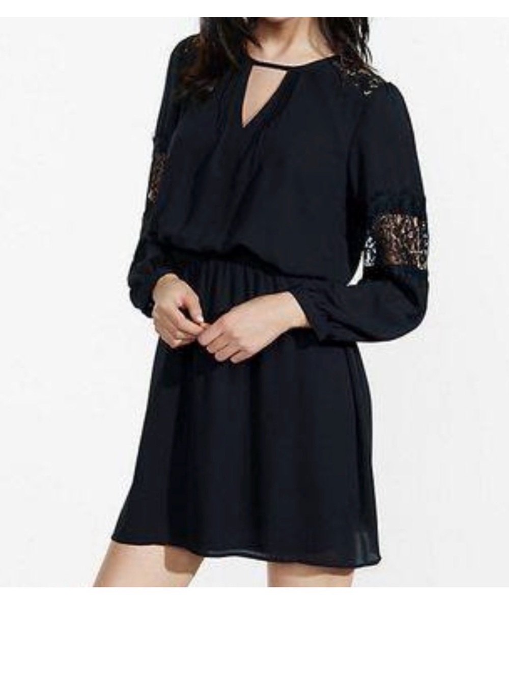 EXPRESS Black Long Sleeve Lace-Trim A-Line Dress. Size Small.